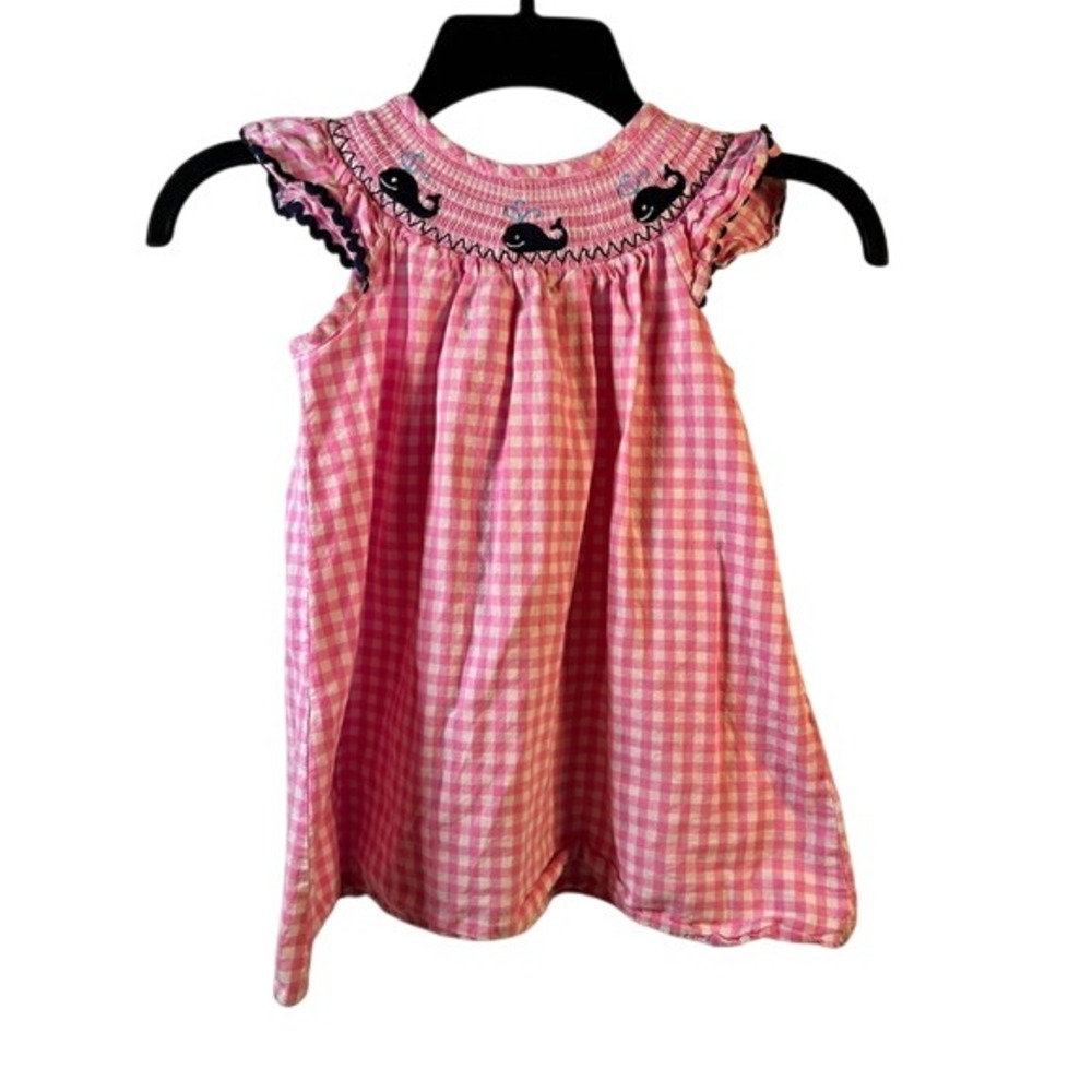 Unbranded Smocked Whale Gingham Dress Size M Pink‎ Nautical Flutter Sleeve Kids
